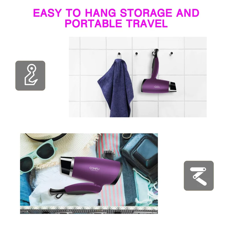 CONFU 1600W Small Portable Travel Hair Dryer with Folding Handle, Lightweight Hair Dryers for Women, Ceramic Tourmaline Ionic Hair Dryers with Nozzle, Mini Blow Dryer, Purple