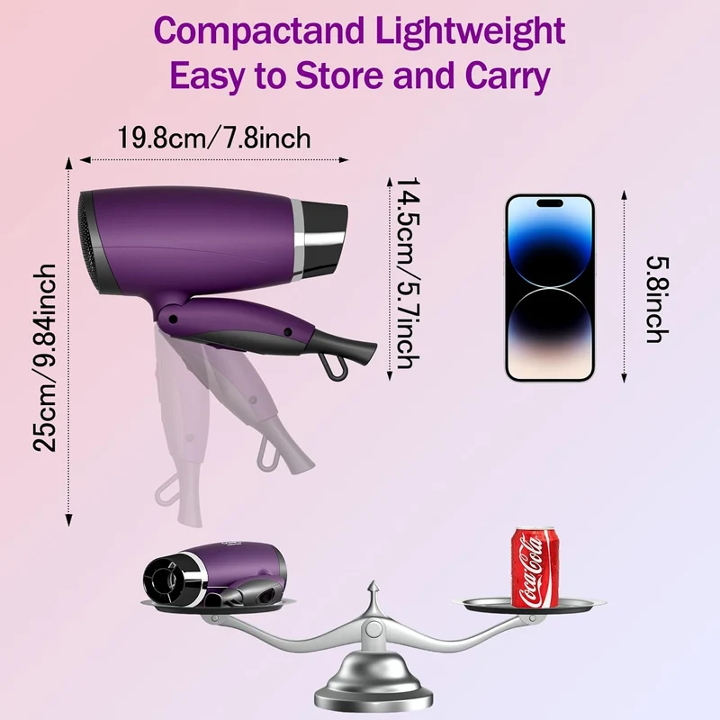 CONFU 1600W Small Portable Travel Hair Dryer with Folding Handle, Lightweight Hair Dryers for Women, Ceramic Tourmaline Ionic Hair Dryers with Nozzle, Mini Blow Dryer, Purple