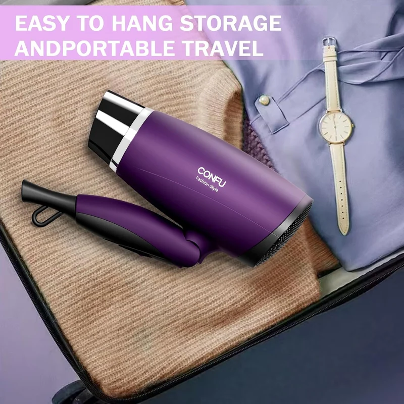 CONFU 1600W Small Portable Travel Hair Dryer with Folding Handle, Lightweight Hair Dryers for Women, Ceramic Tourmaline Ionic Hair Dryers with Nozzle, Mini Blow Dryer, Purple