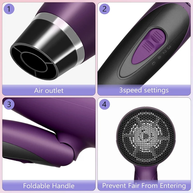 CONFU 1600W Small Portable Travel Hair Dryer with Folding Handle, Lightweight Hair Dryers for Women, Ceramic Tourmaline Ionic Hair Dryers with Nozzle, Mini Blow Dryer, Purple