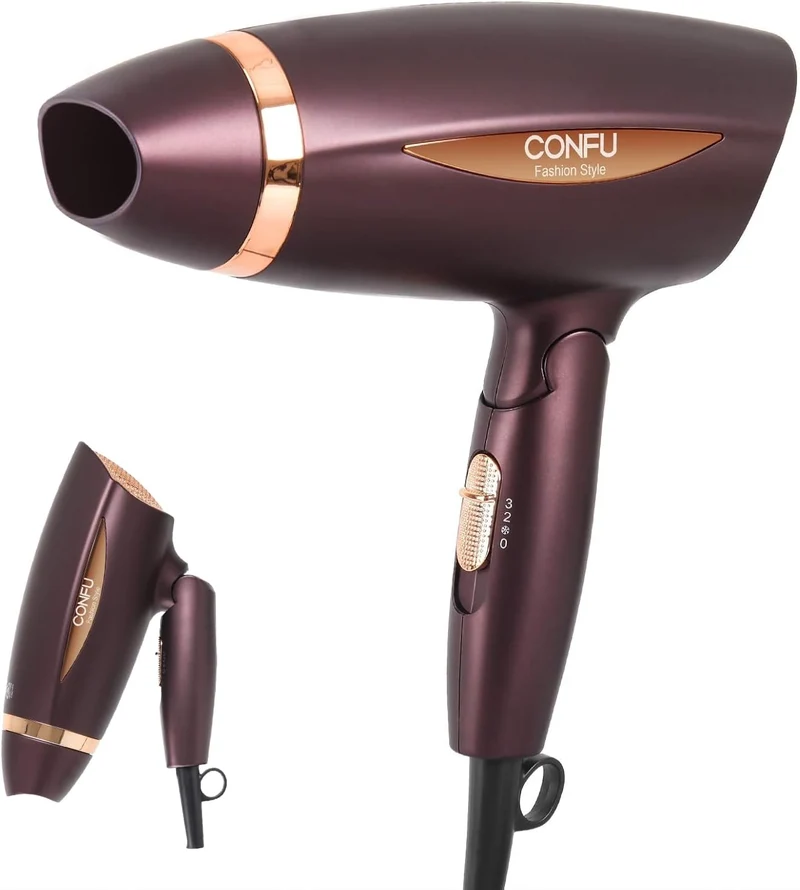 CONFU Portable Travel Hair Dryer with 1600W Ceramic Tourmaline Ionic Technology, Compact and Lightweight Foldable Design for Women and Kids (Brown)