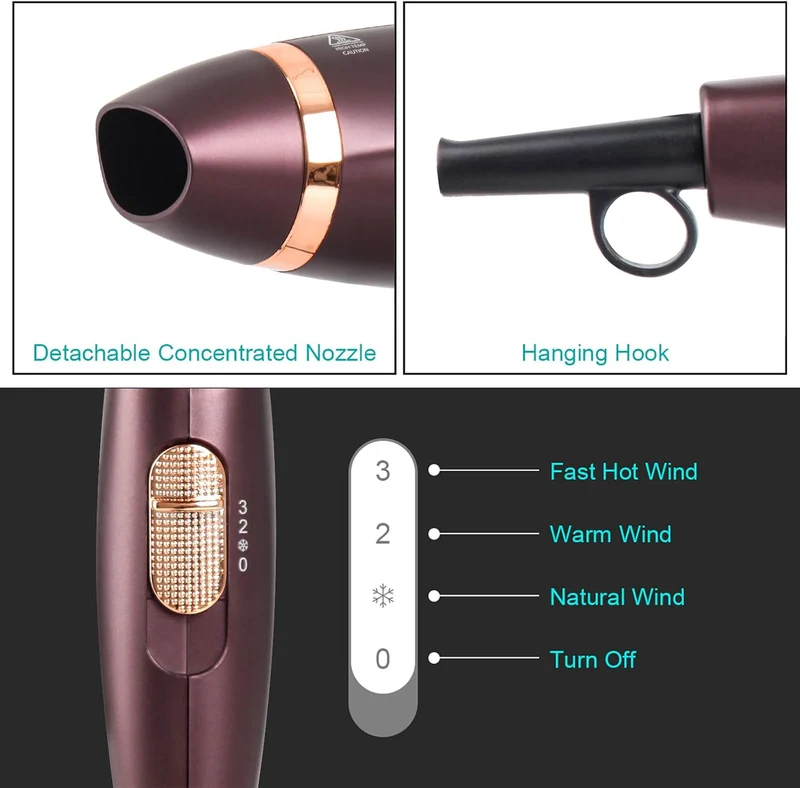CONFU Portable Travel Hair Dryer with 1600W Ceramic Tourmaline Ionic Technology, Compact and Lightweight Foldable Design for Women and Kids (Brown)