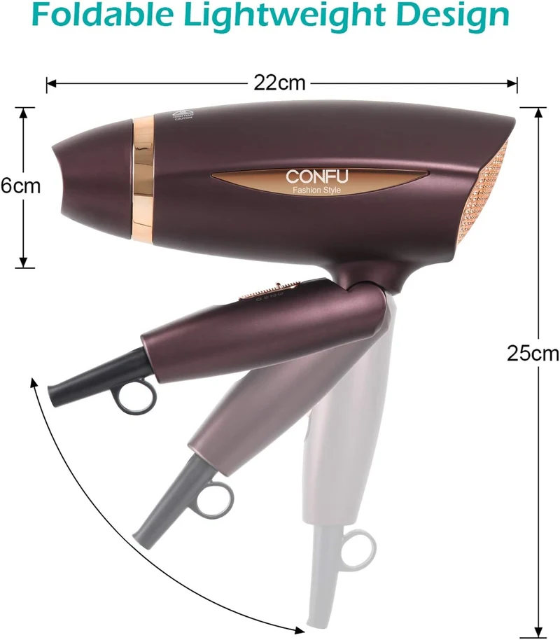 CONFU Portable Travel Hair Dryer with 1600W Ceramic Tourmaline Ionic Technology, Compact and Lightweight Foldable Design for Women and Kids (Brown)