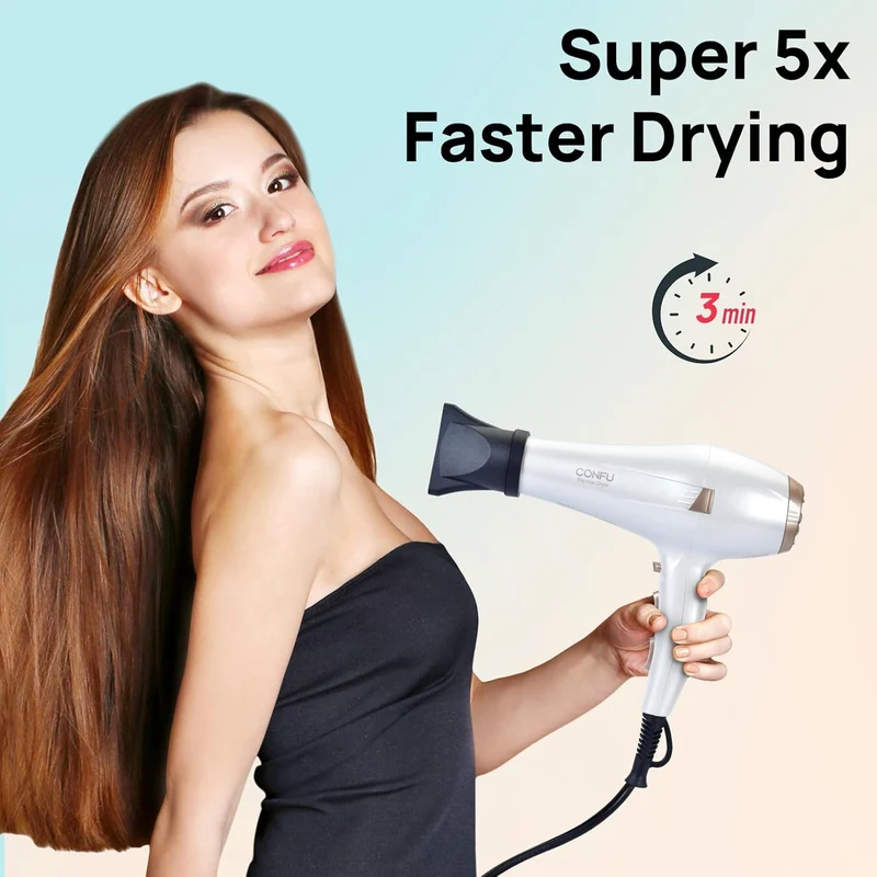 CONFU Hair Dryer, Professional Ionic Salon Blow Dryer with Diffuser for Women and Men, 5X Fast Drying, Powerful and Quiet Hair Blow Dryer for Fast & Easy Styling (1875 Watts)