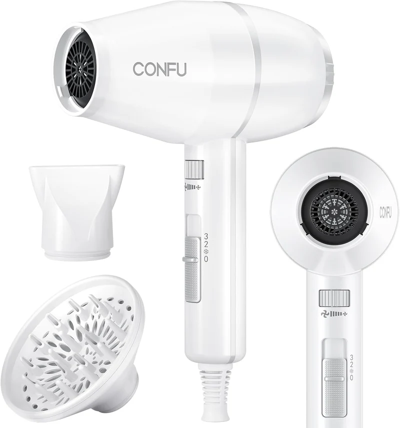 Hair Dryer, CONFU Blow Dryer with Diffuser, 1875W Negative Ionic Hairdryer, Professional High Power, Diffuser Hair Dryer for Curly Hair
