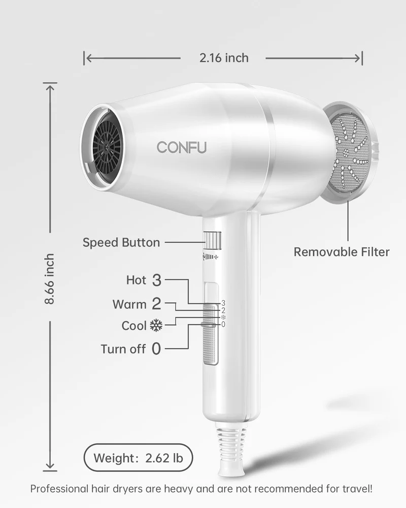 Hair Dryer, CONFU Blow Dryer with Diffuser, 1875W Negative Ionic Hairdryer, Professional High Power, Diffuser Hair Dryer for Curly Hair