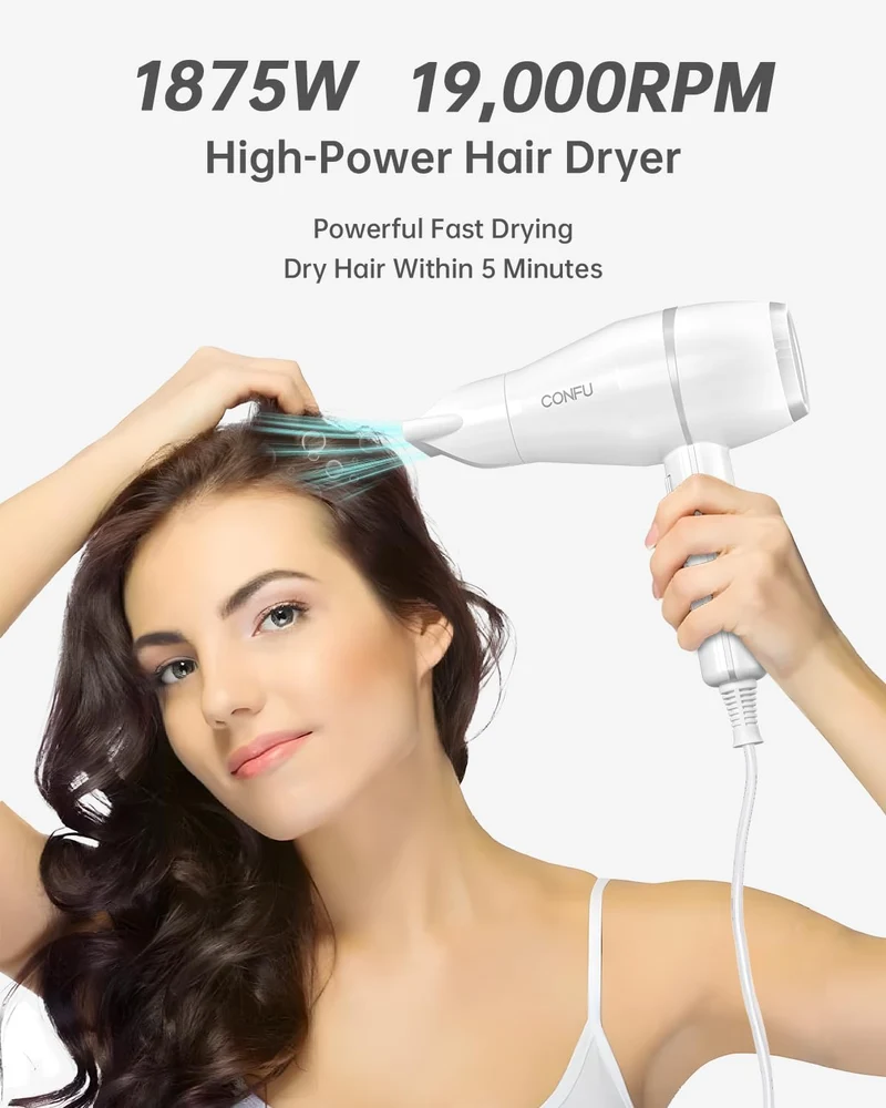 Hair Dryer, CONFU Blow Dryer with Diffuser, 1875W Negative Ionic Hairdryer, Professional High Power, Diffuser Hair Dryer for Curly Hair