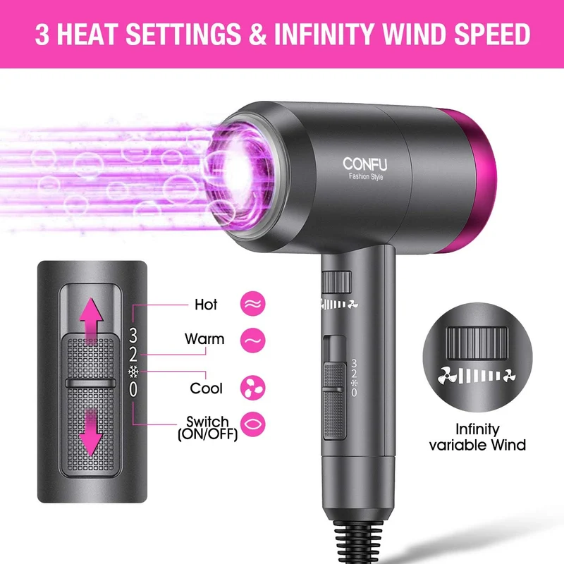 Blow Dryer, CONFU Hair Dryer with Diffuser, Portable Lightweight Fast Drying Negative Ion Hairdryer Blowdryer, 3 Heat Settings & Infinity Speed, with Diffuser and Concentrator Nozzle for Home & Travel