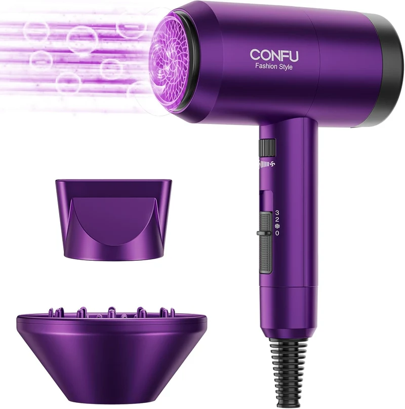 Blow Dryer, CONFU Hair Dryer with Diffuser, Portable Lightweight Fast Drying Negative Ion Hairdryer Blowdryer, 3 Heat Settings & Infinity Speed, with Diffuser and Concentrator Nozzle for Home & Travel