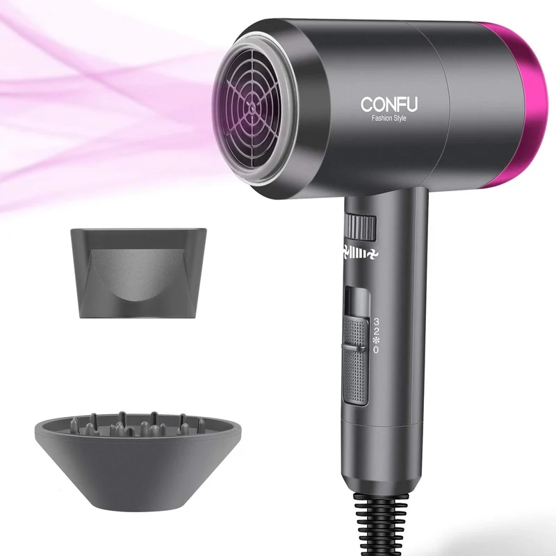 Blow Dryer, CONFU Hair Dryer with Diffuser, Portable Lightweight Fast Drying Negative Ion Hairdryer Blowdryer, 3 Heat Settings & Infinity Speed, with Diffuser and Concentrator Nozzle for Home & Travel