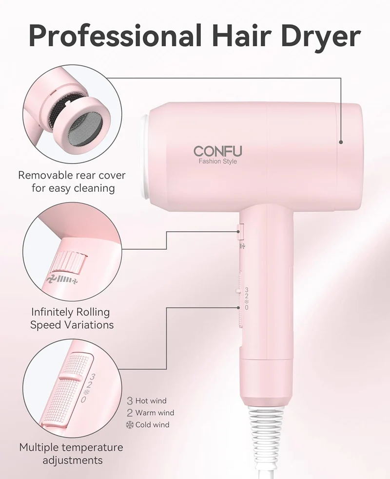 Hair Dryer with Diffuser, CONFU Hair Dryers for Women, Blow Dryers for Men, Hairdryer with Diffuser Attachment, Portable Lightweight Fast Drying Negative Ion Hairdryer for Home