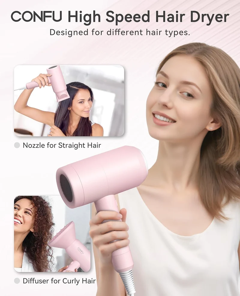 Hair Dryer with Diffuser, CONFU Hair Dryers for Women, Blow Dryers for Men, Hairdryer with Diffuser Attachment, Portable Lightweight Fast Drying Negative Ion Hairdryer for Home