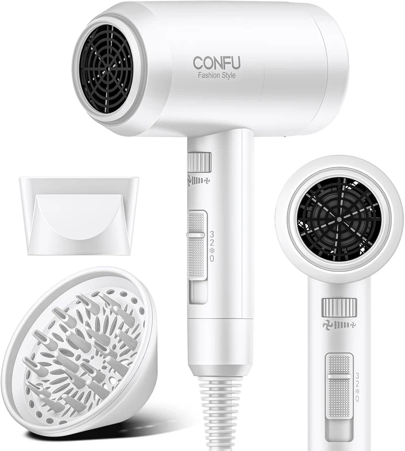 Hair Dryer with Diffuser, CONFU Blow Dryer for Curly Hair for Women Men, 21000PRM Travel Hair Dryer, Portable Lightweight Fast Drying Negative Ion Hairdryer for Home & Travel