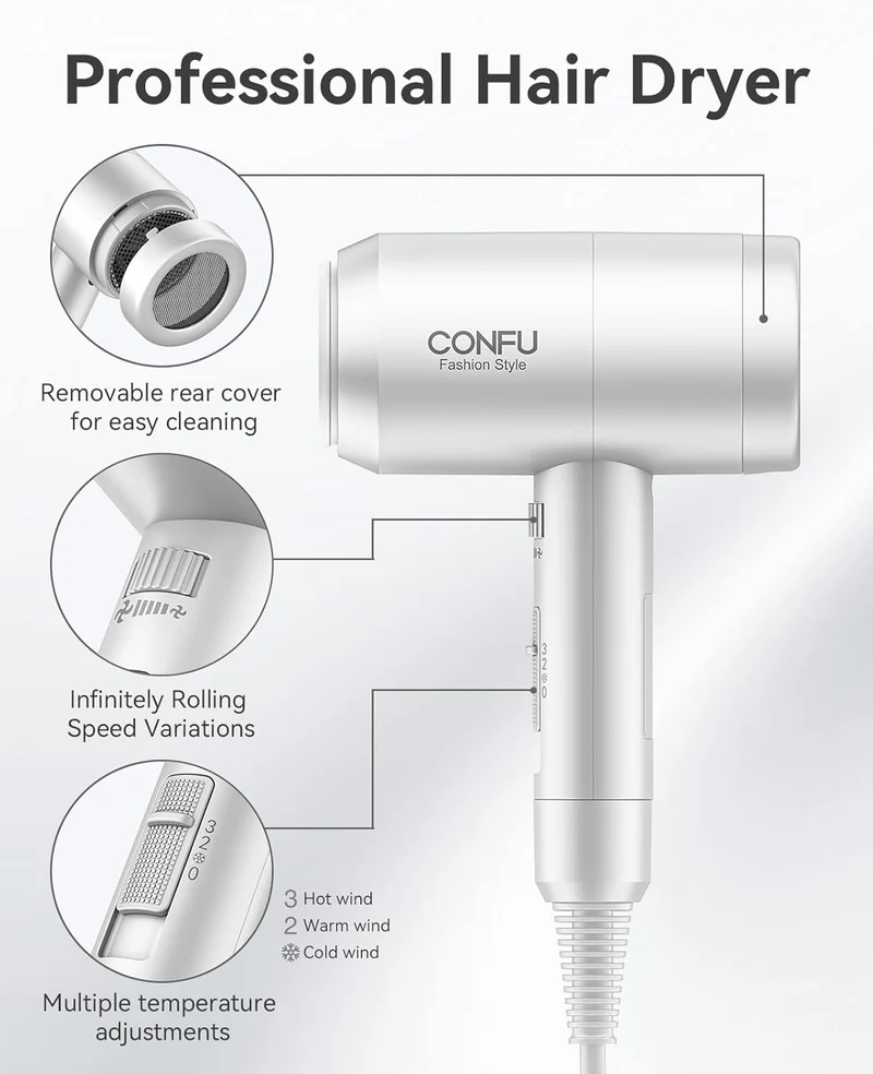 Hair Dryer with Diffuser, CONFU Blow Dryer for Curly Hair for Women Men, 21000PRM Travel Hair Dryer, Portable Lightweight Fast Drying Negative Ion Hairdryer for Home & Travel