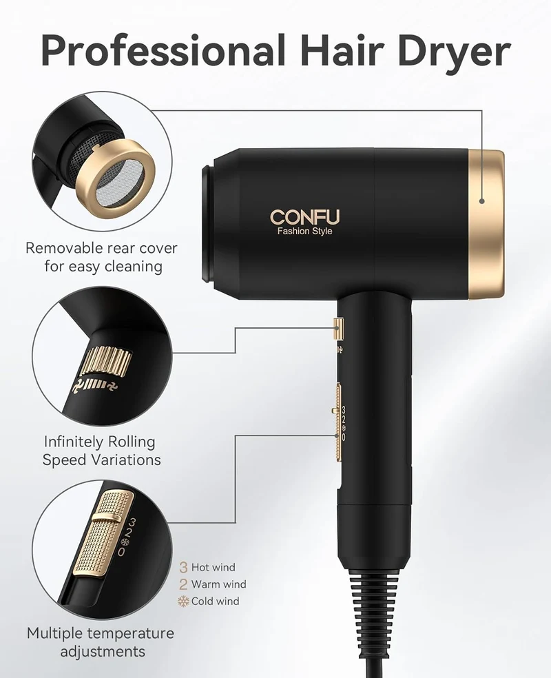 Hair Dryer, CONFU Blow Dryer with Diffuser, 21000PRM Professional Hairdryer, Portable Lightweight Fast Drying Negative Ionic Blow Dryer, Hair Diffuser for Curly Hair for Home Travel