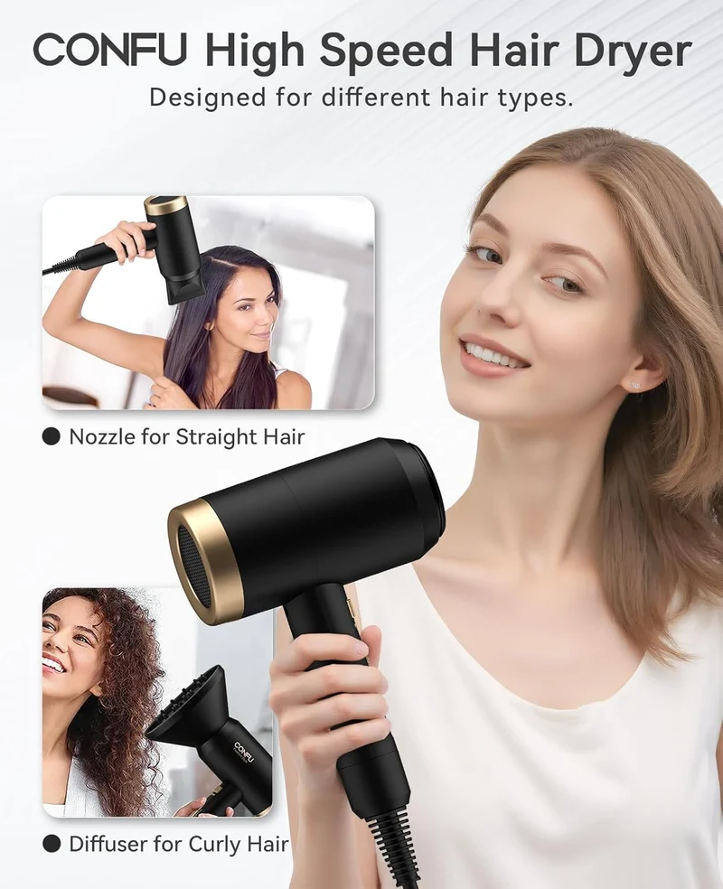 Hair Dryer, CONFU Blow Dryer with Diffuser, 21000PRM Professional Hairdryer, Portable Lightweight Fast Drying Negative Ionic Blow Dryer, Hair Diffuser for Curly Hair for Home Travel