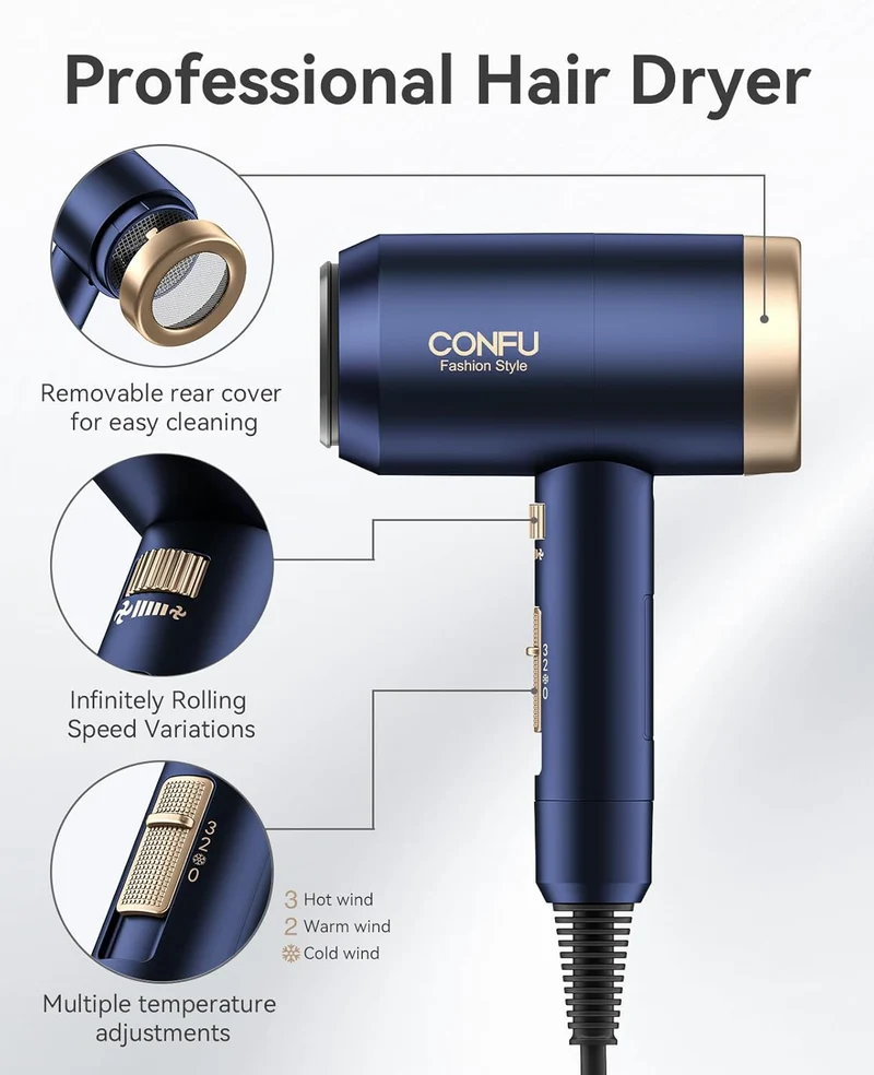 Hair Dryers for Women, CONFU Hair Dryer with Diffuser, Blow Dryers for Men, Hairdryer with Diffuser Attachment, Portable Lightweight Fast Drying Negative Ion Hairdryer for Home