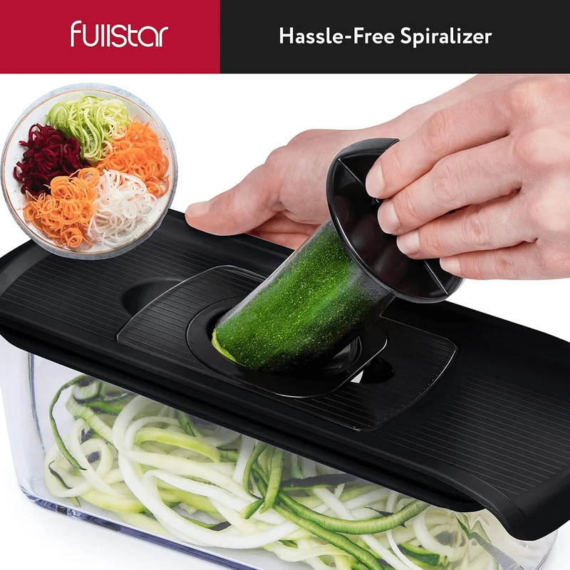 Fullstar Mandoline Slicer for Kitchen, Fruit Cutter, Cheese Grater, Cucumber Slicer, Veggie Spiralizer, Food Cutter & Kitchen Gadgets with Safety Glove (6 in 1, Black)