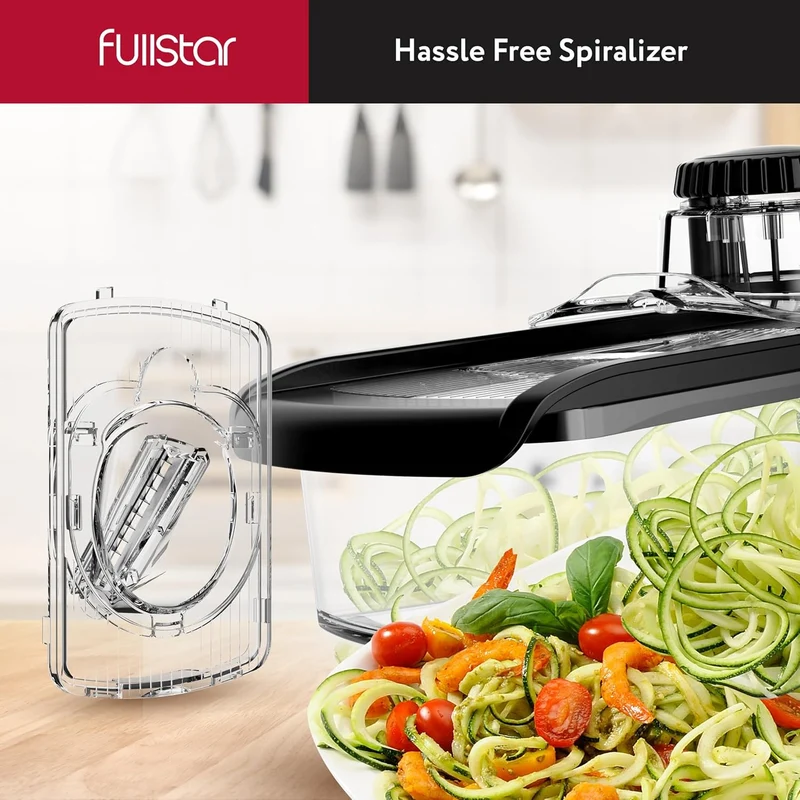 Fullstar Mandoline Slicer for Kitchen, Fruit Cutter, Cheese Grater, Cucumber Slicer, Veggie Spiralizer, Food Cutter & Kitchen Gadgets with Safety Glove (6 in 1, Clear)