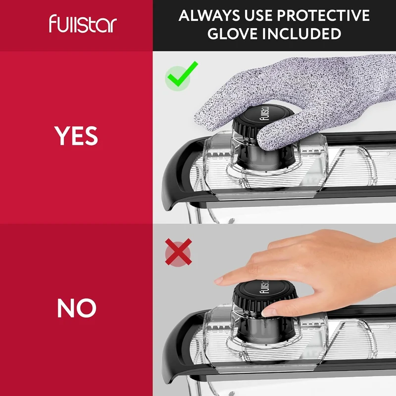 Fullstar Mandoline Slicer for Kitchen, Fruit Cutter, Cheese Grater, Cucumber Slicer, Veggie Spiralizer, Food Cutter & Kitchen Gadgets with Safety Glove (6 in 1, Clear)
