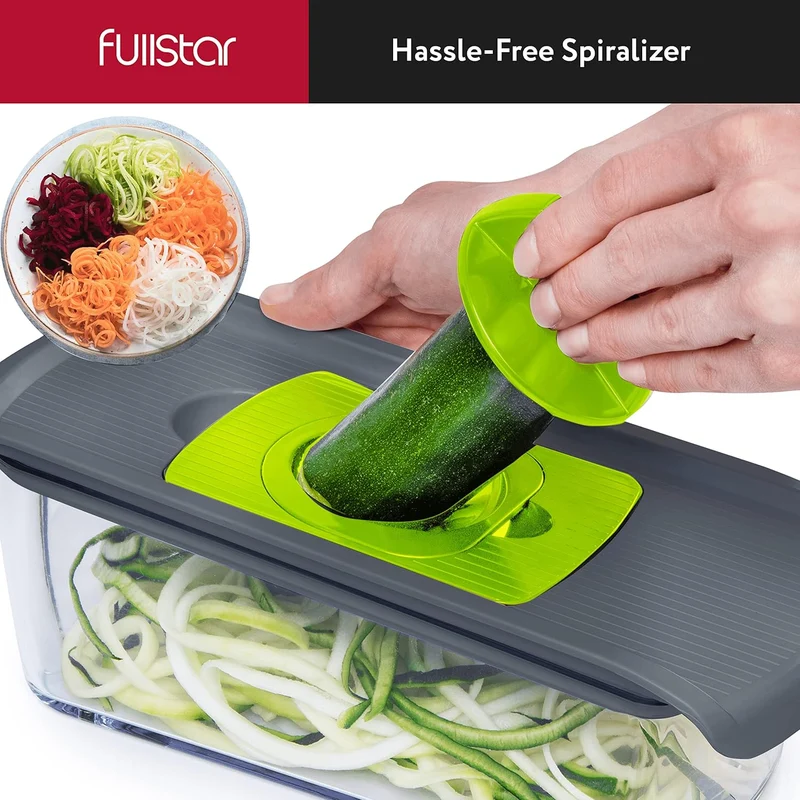 Fullstar Mandoline Slicer for Kitchen, Fruit Cutter, Cheese Grater, Cucumber Slicer, Veggie Spiralizer, Food Cutter & Kitchen Gadgets with Safety Glove (6 in 1, Gray/Green)