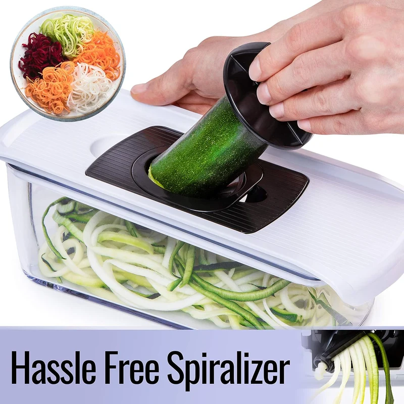 Fullstar Mandoline Slicer for Kitchen, Fruit Cutter, Cheese Grater, Cucumber Slicer, Veggie Spiralizer, Food Cutter & Kitchen Gadgets with Safety Glove (6 in 1, White)