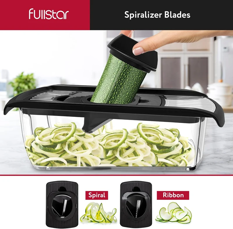 Fullstar Mandoline Slicer for Kitchen, Fruit Cutter, Cheese Grater, Cucumber Slicer, Veggie Spiralizer, Food Cutter & Kitchen Gadgets with Safety Glove (11 in 1, Stainless Steel)