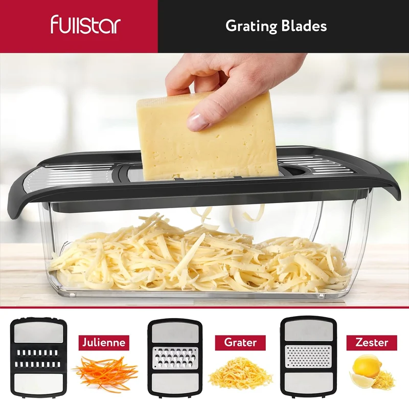 Fullstar Mandoline Slicer for Kitchen, Fruit Cutter, Cheese Grater, Cucumber Slicer, Veggie Spiralizer, Food Cutter & Kitchen Gadgets with Safety Glove (11 in 1, Stainless Steel)