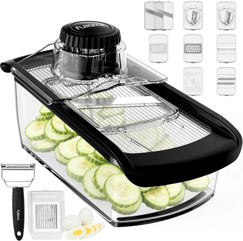 Fullstar Mandoline Slicer for Kitchen, Fruit Cutter, Cheese Grater, Cucumber Slicer, Veggie Spiralizer, Food Cutter & Kitchen Gadgets with Safety Glove (11 in 1, Clear)