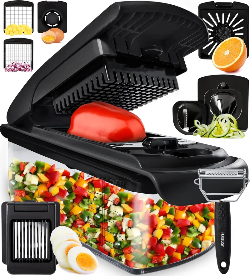 Fullstar Vegetable Chopper and Spiralizer - Food Chopper with Container, Fruit Slicer, Kitchen Gadgets & Accessories, Home Essentials (9 in 1, Black)