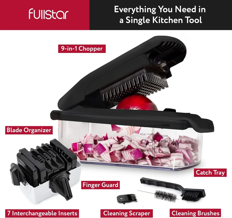 Fullstar Vegetable Chopper and Spiralizer - Food Chopper with Container, Fruit Slicer, Kitchen Gadgets & Accessories, Home Essentials (9 in 1, Black)