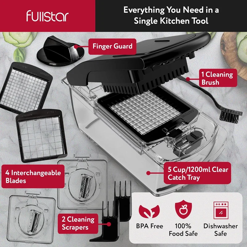 Fullstar Vegetable Chopper and Spiralizer - Food Chopper with Container, Fruit Slicer, Kitchen Gadgets & Accessories, Home Essentials (4 in 1, Clear)
