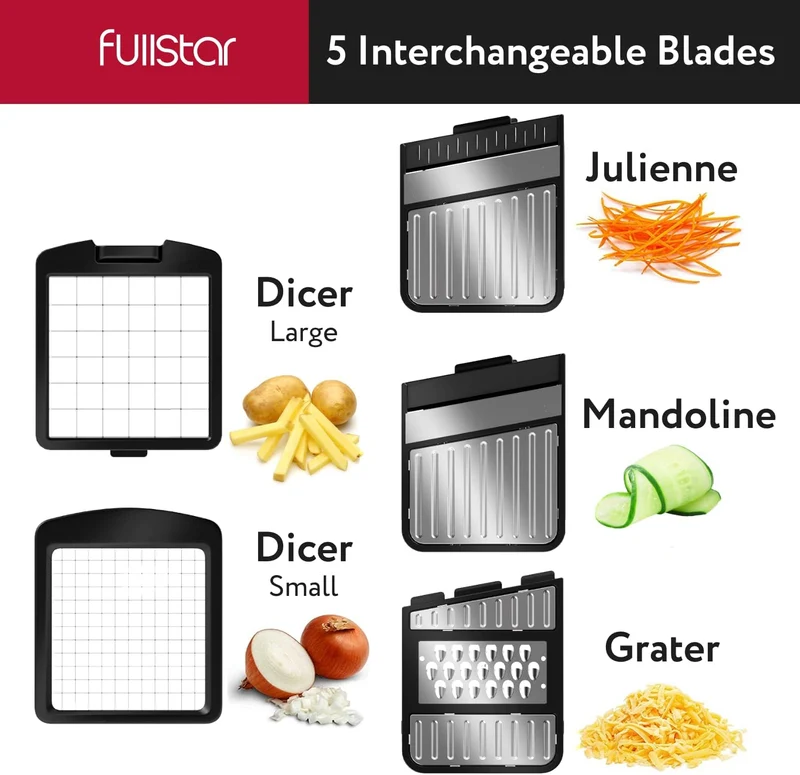 Fullstar All-in-1 Vegetable Chopper and Mandoline Slicer for Kitchen - Cheese Grater, French Fry Cutter, Cheese Slicer - Bonus Handheld Spiralizer Included (6 in 1, Stainless Steel)