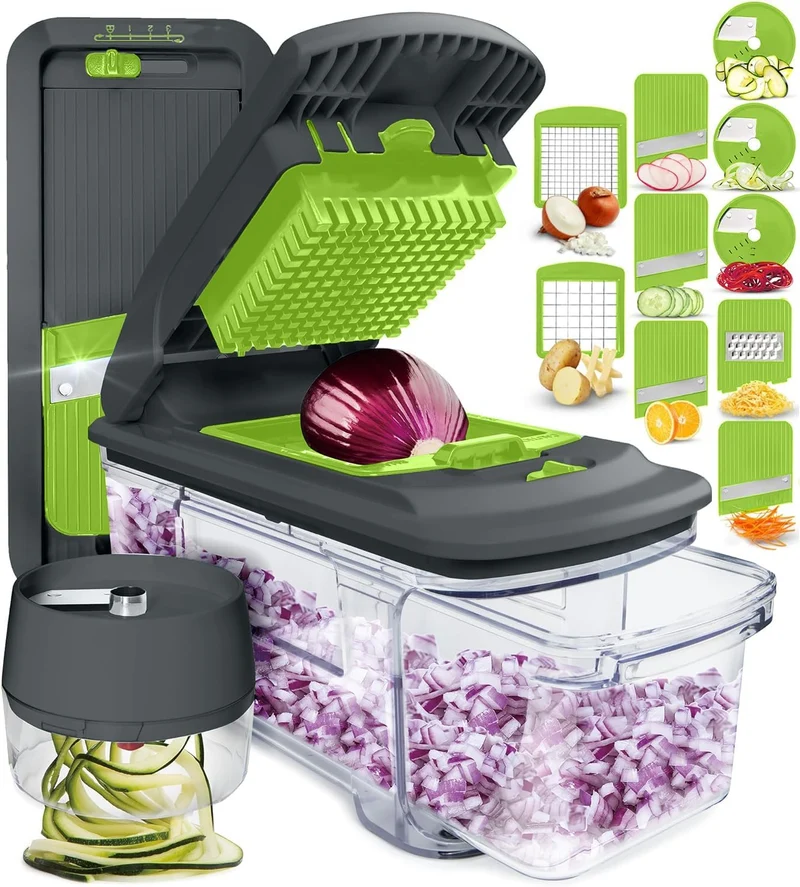 Fullstar All-in-1 Vegetable Chopper and Mandoline Slicer for Kitchen - Cheese Grater, French Fry Cutter, Cheese Slicer - Bonus Handheld Spiralizer Included (6 in 1, Gray/Green)