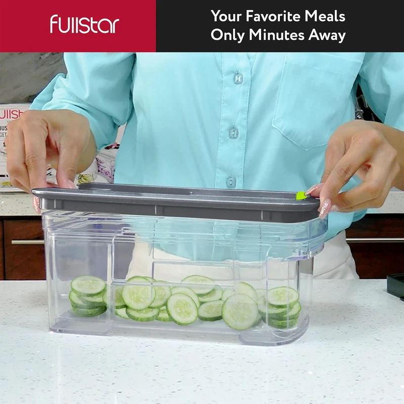 Fullstar All-in-1 Vegetable Chopper and Mandoline Slicer for Kitchen - Cheese Grater, French Fry Cutter, Cheese Slicer - Bonus Handheld Spiralizer Included (6 in 1, Gray/Green)