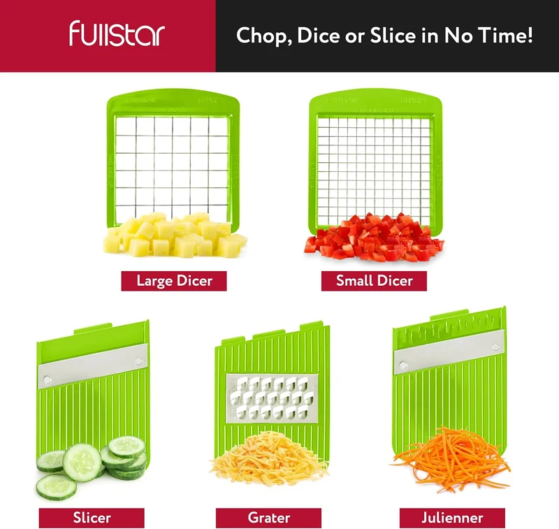 Fullstar All-in-1 Vegetable Chopper and Mandoline Slicer for Kitchen - Cheese Grater, French Fry Cutter, Cheese Slicer - Bonus Handheld Spiralizer Included (6 in 1, Gray/Green)