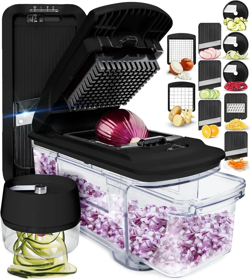 Fullstar All-in-1 Vegetable Chopper and Mandoline Slicer for Kitchen - Cheese Grater, French Fry Cutter, Cheese Slicer - Bonus Handheld Spiralizer Included (6 in 1, Black)