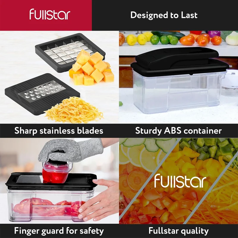 Fullstar All-in-1 Vegetable Chopper and Mandoline Slicer for Kitchen - Cheese Grater, French Fry Cutter, Cheese Slicer - Bonus Handheld Spiralizer Included (6 in 1, Black)