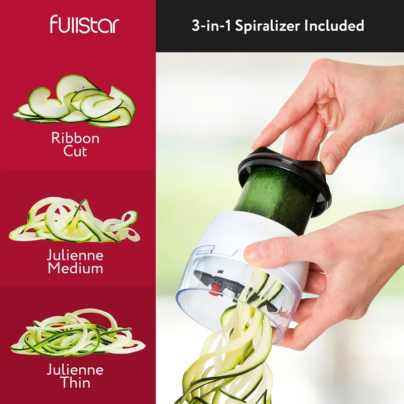 Fullstar All-in-1 Vegetable Chopper and Mandoline Slicer for Kitchen - Cheese Grater, French Fry Cutter, Cheese Slicer - Bonus Handheld Spiralizer Included (6 in 1, Black/White)