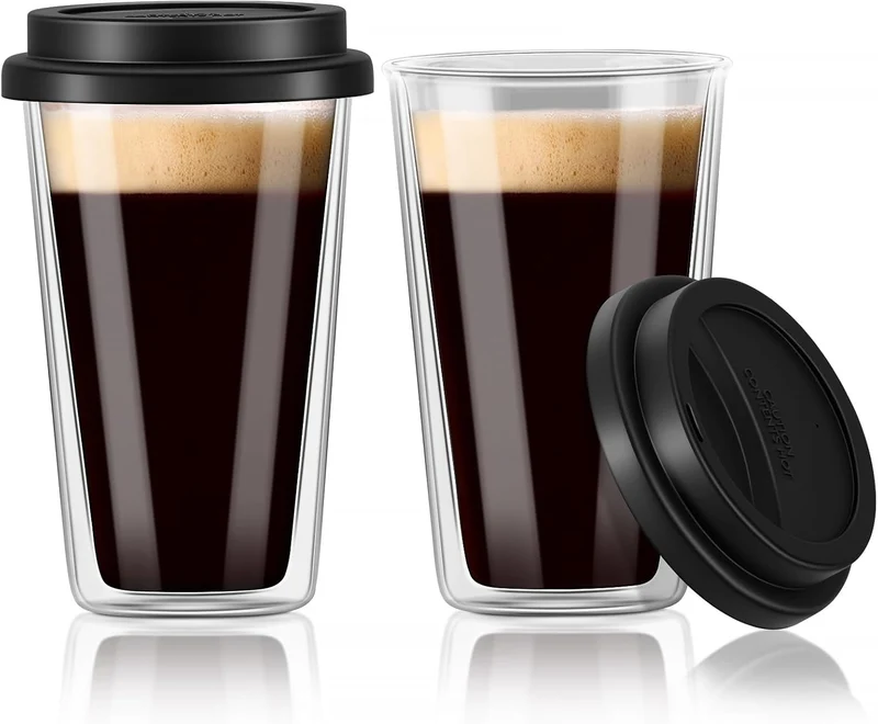 Double Walled Glass Coffee Mugs with Silicone Lids,12 OZ 2 Packs Insulated Drinking Coffee Cups with Lids, Dishwasher Safe Reusable Glass Iced Coffee Cups for Morning Coffee, Hot or Cold Drink