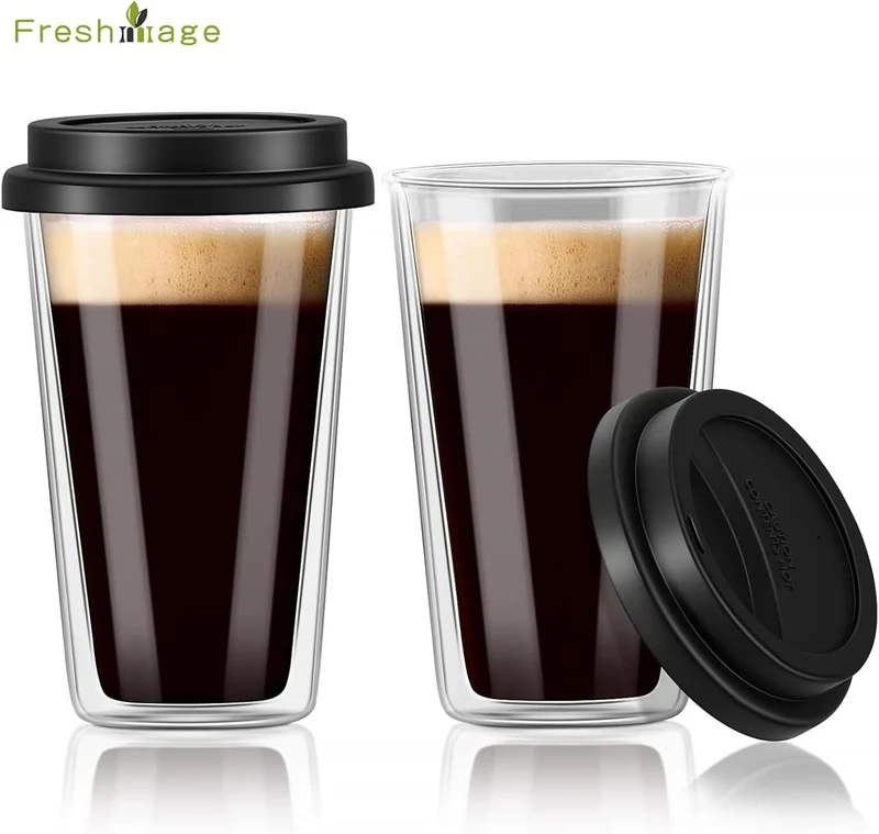 Double Walled Glass Coffee Mugs with Silicone Lids,12 OZ 2 Packs Insulated Drinking Coffee Cups with Lids, Dishwasher Safe Reusable Glass Iced Coffee Cups for Morning Coffee, Hot or Cold Drink