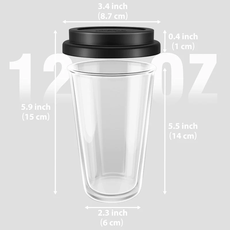 Freshmage Double Walled Glass Coffee Mugs with Silicone Lids,12 OZ Insulated Drinking Coffee Cups with Lids, Dishwasher Safe Reusable Glass Iced Coffee Cups for Morning Coffee, Hot or Cold Drink
