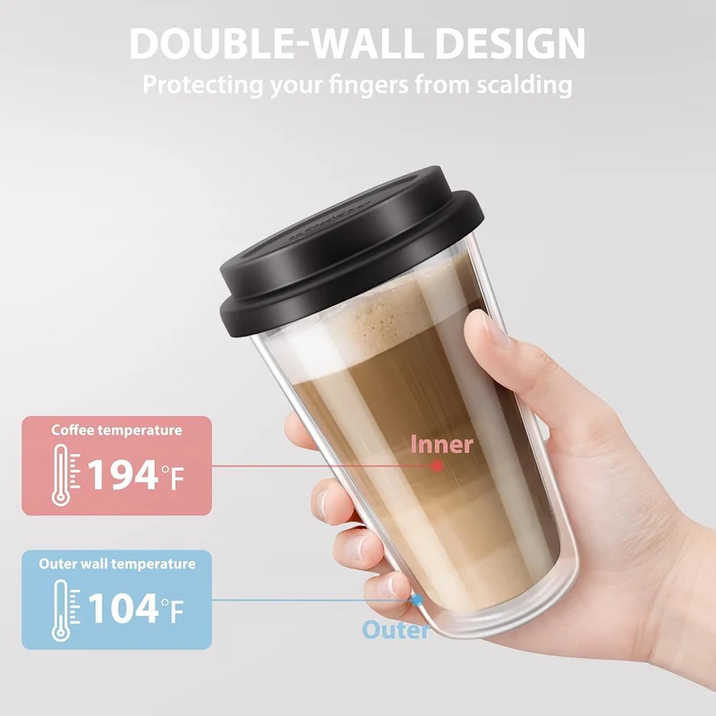 Freshmage Double Walled Glass Coffee Mugs with Silicone Lids,12 OZ Insulated Drinking Coffee Cups with Lids, Dishwasher Safe Reusable Glass Iced Coffee Cups for Morning Coffee, Hot or Cold Drink