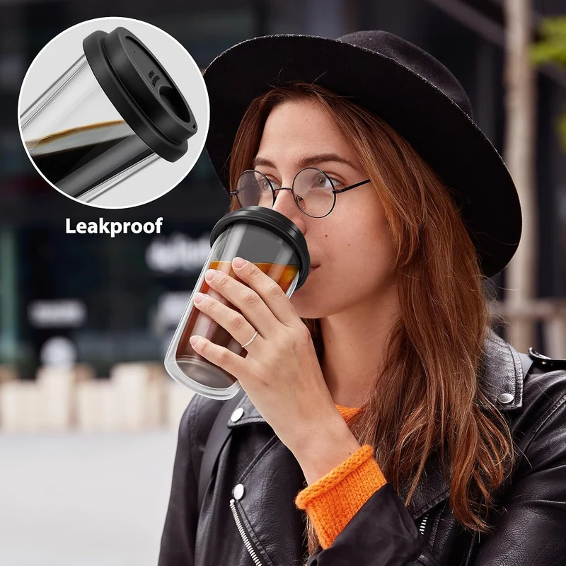 Freshmage Double Walled Glass Coffee Mugs with Silicone Lids,12 OZ Insulated Drinking Coffee Cups with Lids, Dishwasher Safe Reusable Glass Iced Coffee Cups for Morning Coffee, Hot or Cold Drink