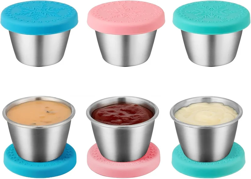 Freshmage [6 Pack 2.4oz] Stainless Steel Dressing Container with Silicone Lids, Reusable Leakproof Condiment Containers Small Sauce Container Sets