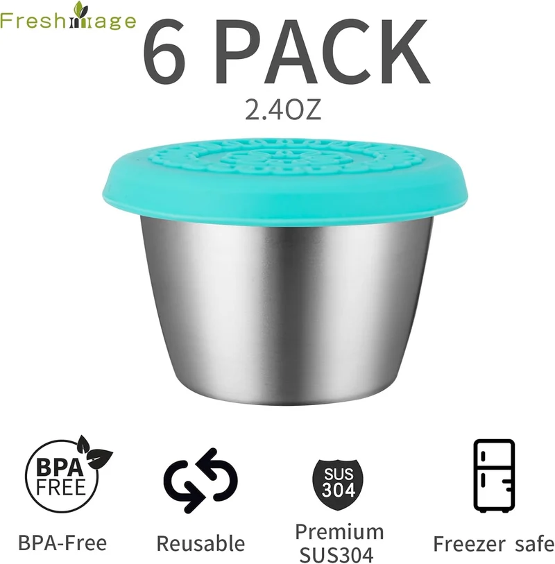 Freshmage [6 Pack 2.4oz] Stainless Steel Dressing Container with Silicone Lids, Reusable Leakproof Condiment Containers Small Sauce Container Sets