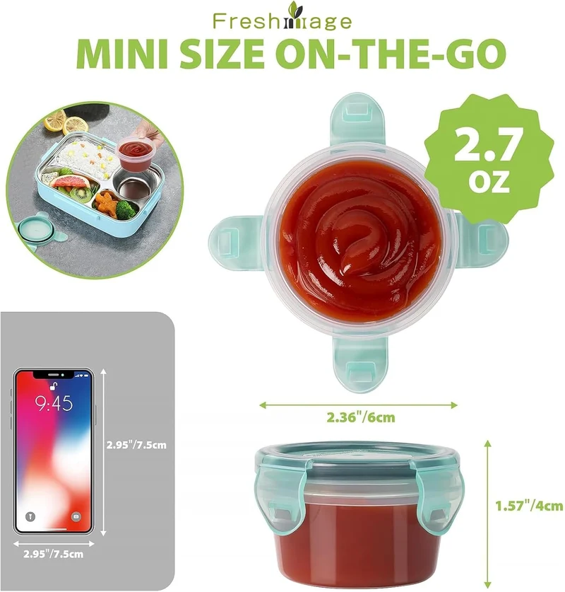 Freshmage Salad Dressing Container to Go, [6 Pack] 2.7 oz Small Condiment Containers with Leakproof Lids for On-the-Go Meals, Reusable Sauce Containers BPA-Free