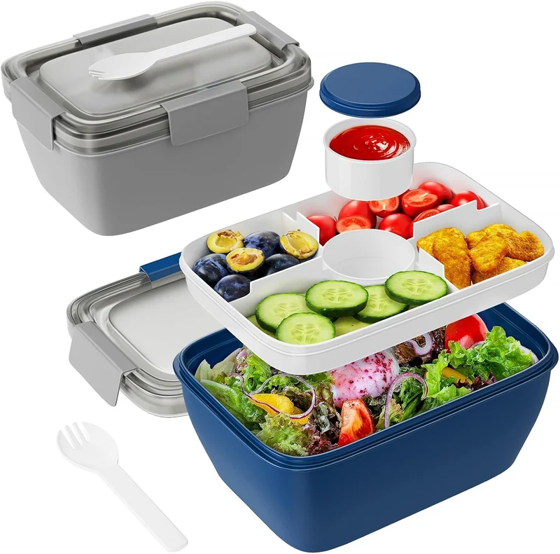 Freshmage Salad Lunch Container To Go, 2 Packs 68oz Large Bowls with 4 Compartments, Dressing Container for Toppings, Snacks, Men, Women (Gray+Blue)