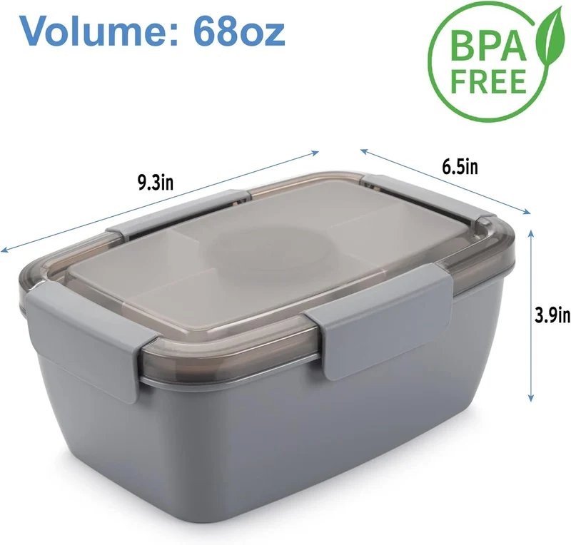Freshmage Salad Lunch Container To Go, 2 Packs 68oz Large Bowls with 4 Compartments, Dressing Container for Toppings, Snacks, Men, Women (Gray+Blue)