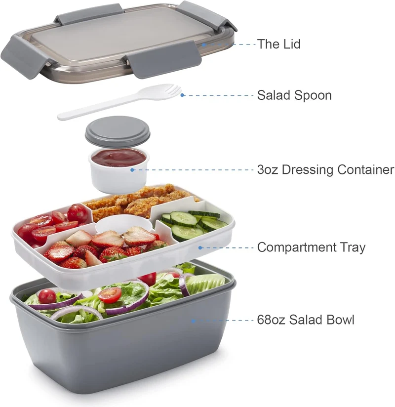 Freshmage Salad Lunch Container To Go, 2 Packs 68oz Large Bowls with 4 Compartments, Dressing Container for Toppings, Snacks, Men, Women (Gray+Blue)